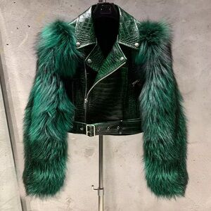 Women Real Fur Sleeve Crocodile Pattern Real Leather Biker Short Coat
